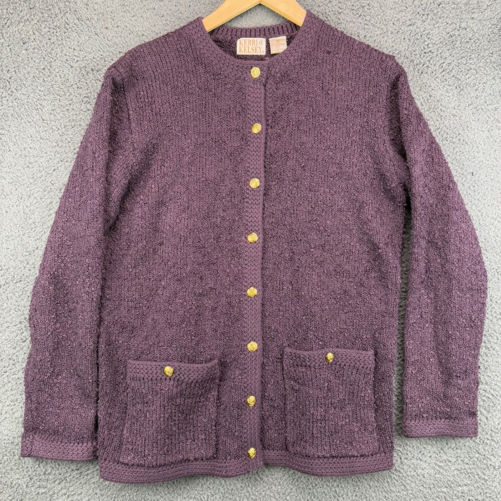 Vtg Kerri Kelsey Womens Cardigan Sweater Purple Textured Knit Gold Button M‎